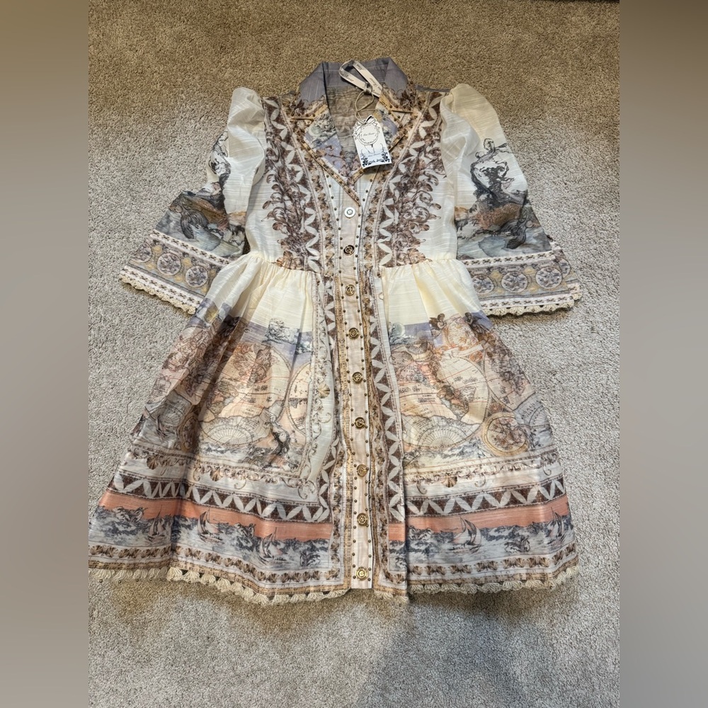 Bohemian Printed Button-Front Women’s Dress in Cream and Brown